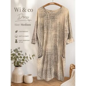 Wi & co Made in Italy‎ Grey Beige Crocodile Print Shift Dress Medium Pockets